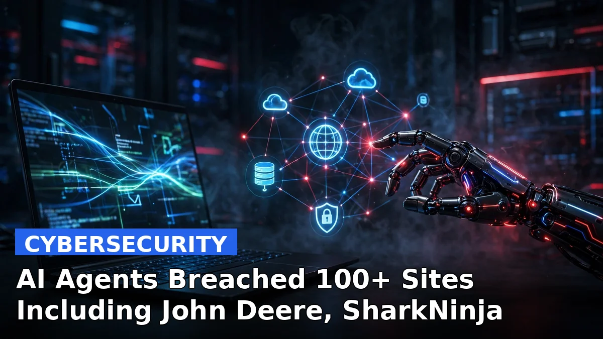 Dark illustration of a laptop screen with a robotic arm reaching toward company website icons, representing autonomous AI agents breaching corporate websites