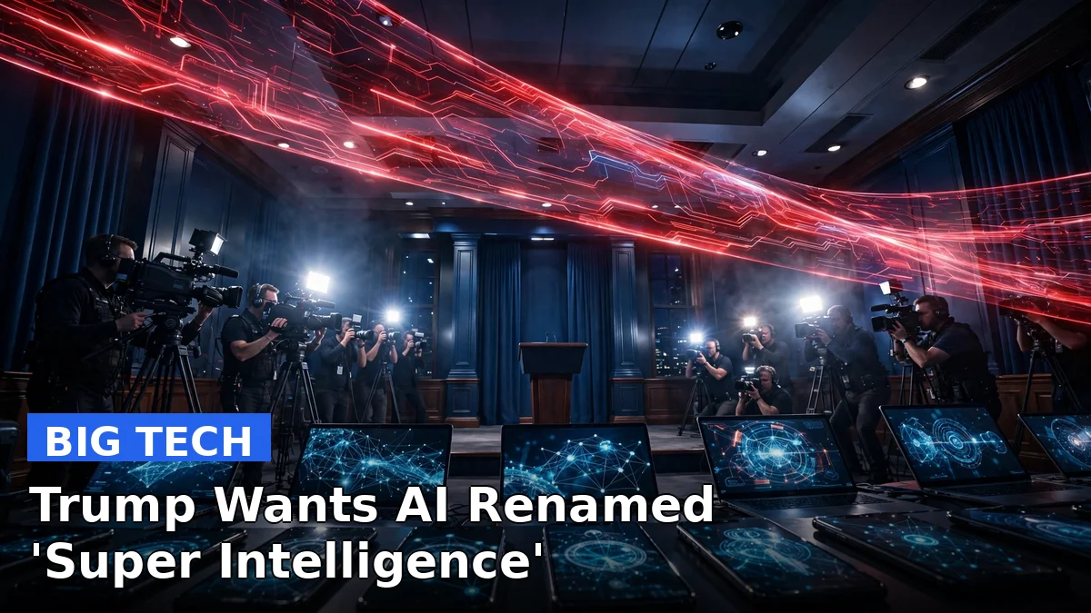 The White House press briefing area with camera crews, overlaid with a glowing red 'SUPER INTELLIGENCE' banner