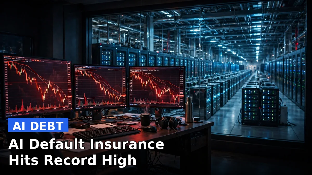 A bond trader's terminal showing plunging AI stock charts beside a glowing data center