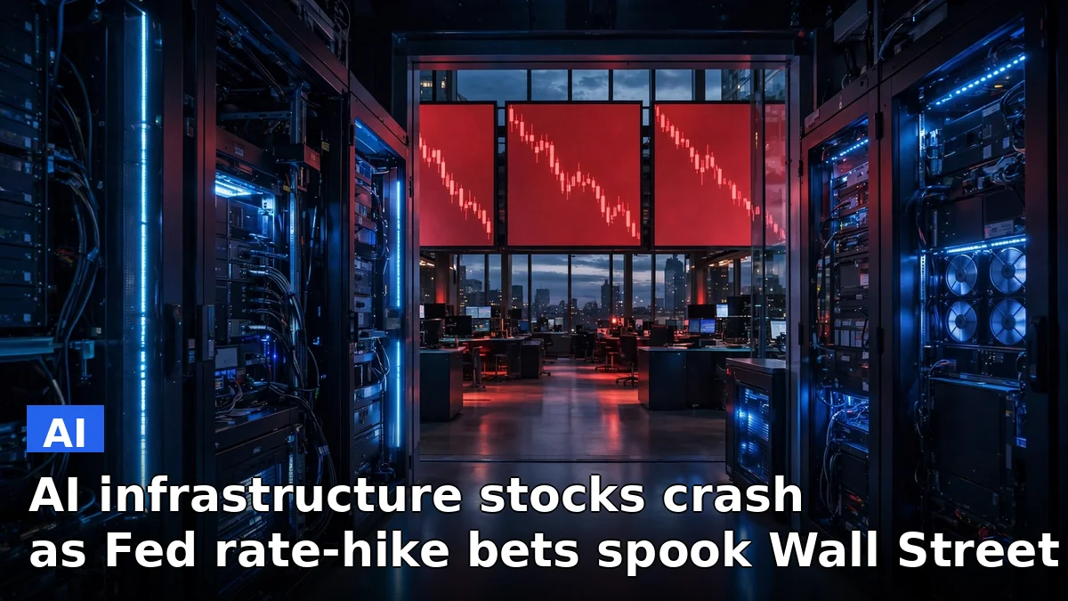 A Wall Street trading screen flashing red stock tickers over a glowing AI data center floor