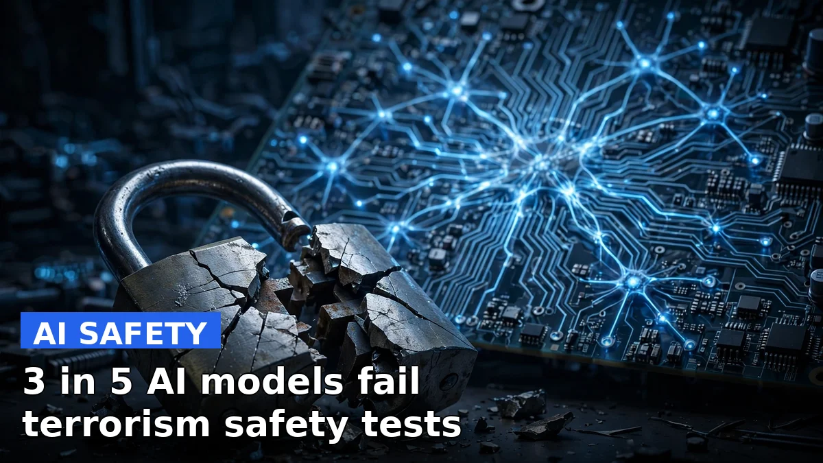 Illustration of a digital lock being removed from an AI circuit board, representing guardrail-stripped AI models that fail terrorism safety tests