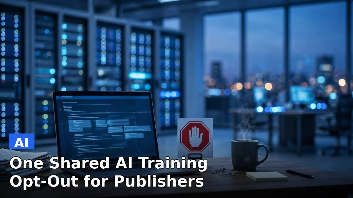 A laptop on a desk in a server room beside a stop sign, illustrating the new shared AI training opt-out for publishers