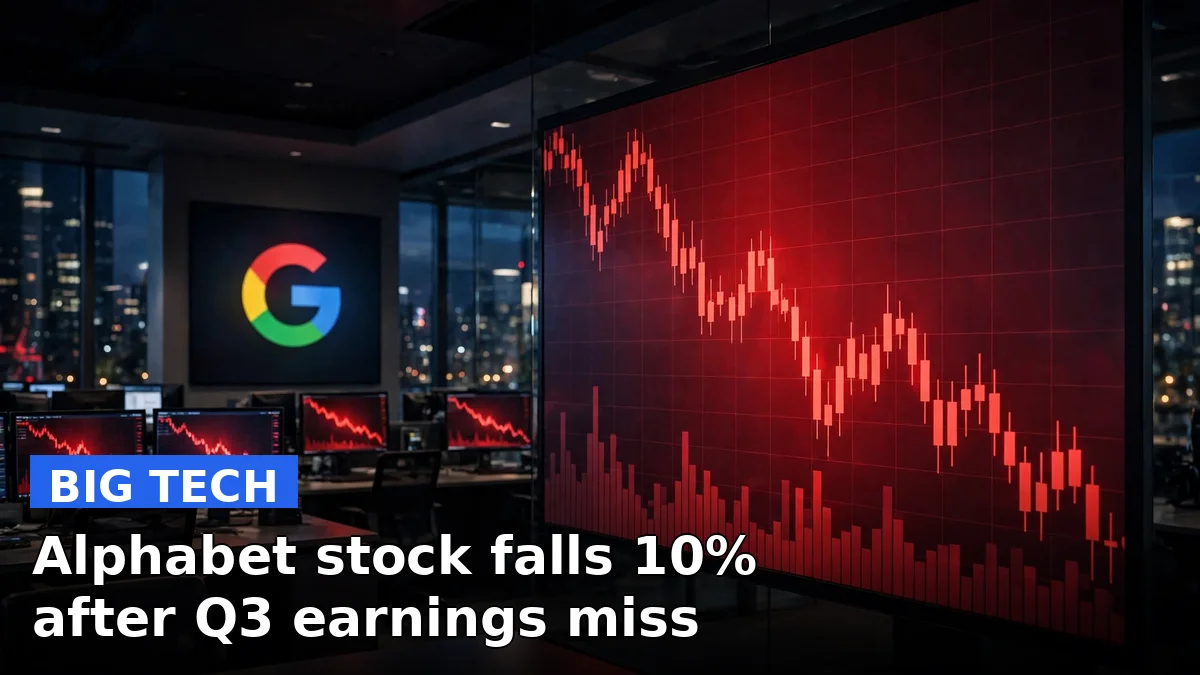 A stock market chart trending sharply downward in front of the Google logo, representing Alphabet's share drop after Q3 2026 earnings