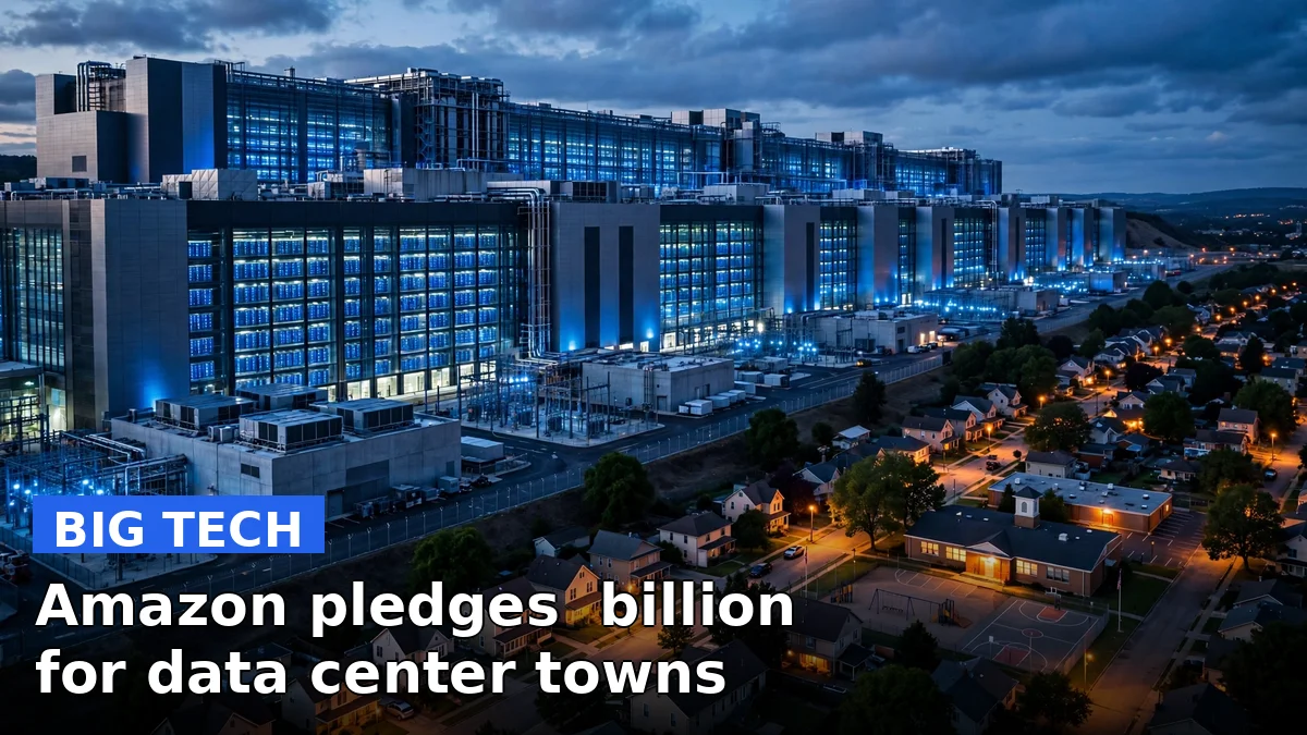 Illustration of an Amazon data center beside a small American town, representing the company's $1 billion community pledge