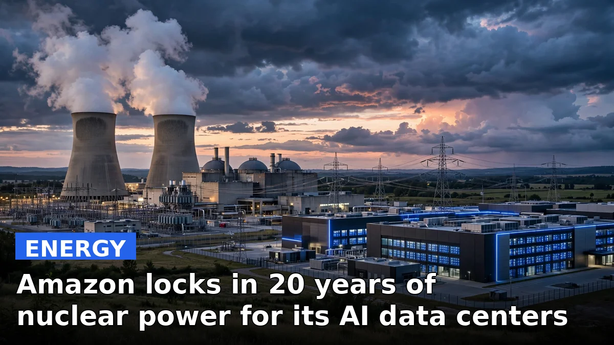 Illustration of a nuclear power plant with cooling towers beside a glowing data center, representing Amazon's 20-year nuclear power deal with Constellation