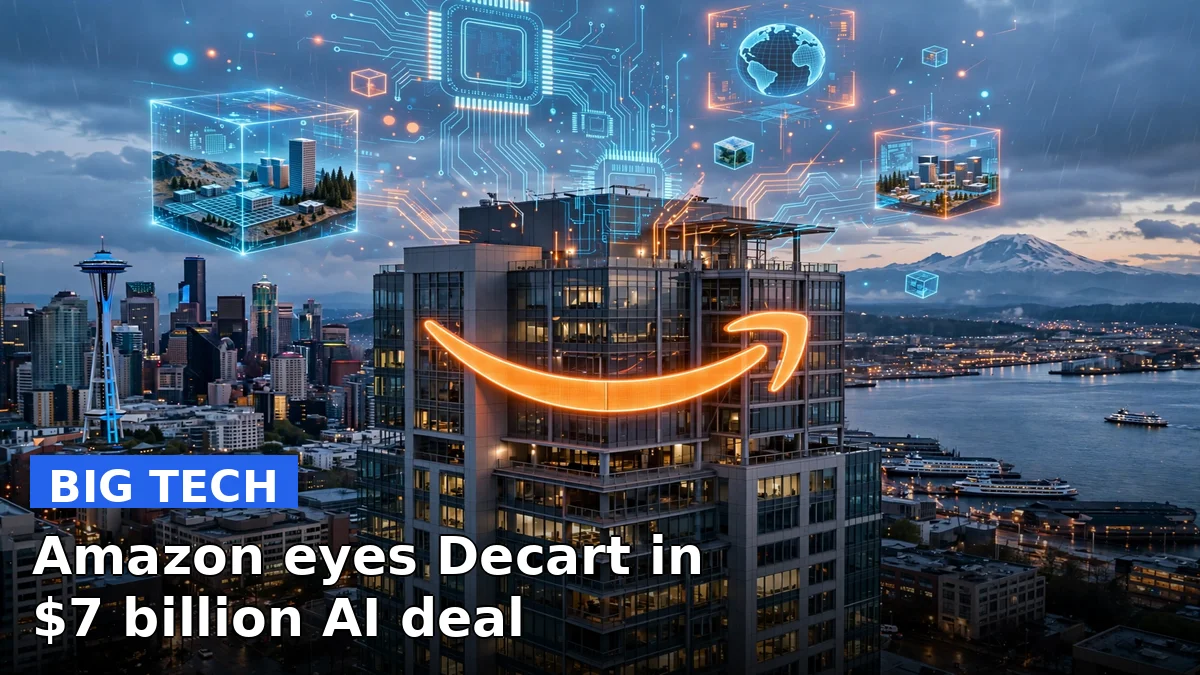 Abstract visualization of an AI chip deal, with circuit motifs, as Amazon negotiates to acquire AI startup Decart