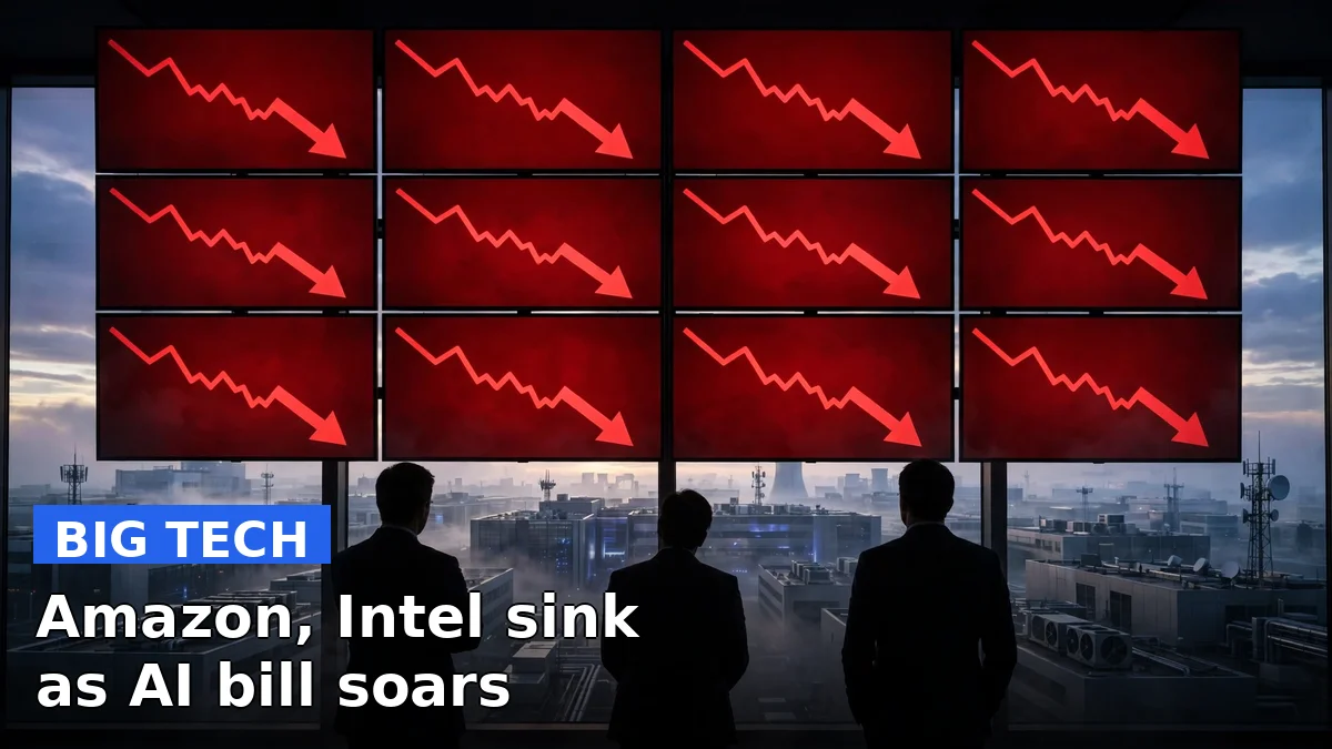 Stock market chart trending downward over a data center skyline, illustrating the Amazon and Intel AI spending selloff on October 30, 2026