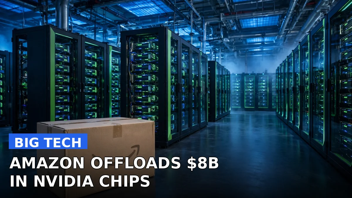 Illustration of Nvidia AI server chips in a data center with an Amazon box, representing Amazon's plan to move $8 billion in Nvidia chips to investors