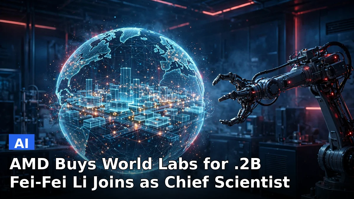 AMD logo next to a 3D wireframe world representing the World Labs acquisition