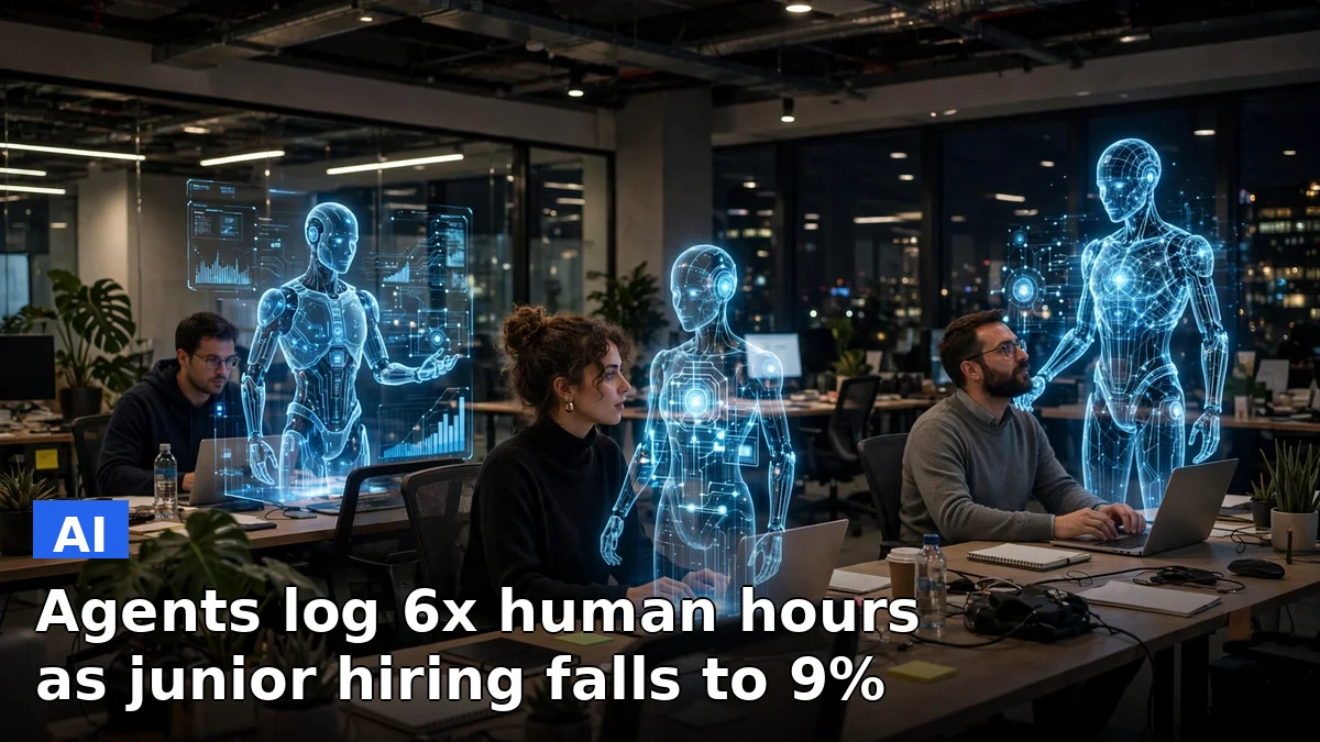 An office with workers at desks alongside glowing AI agent icons, representing Anthropic's report on AI agents and hiring