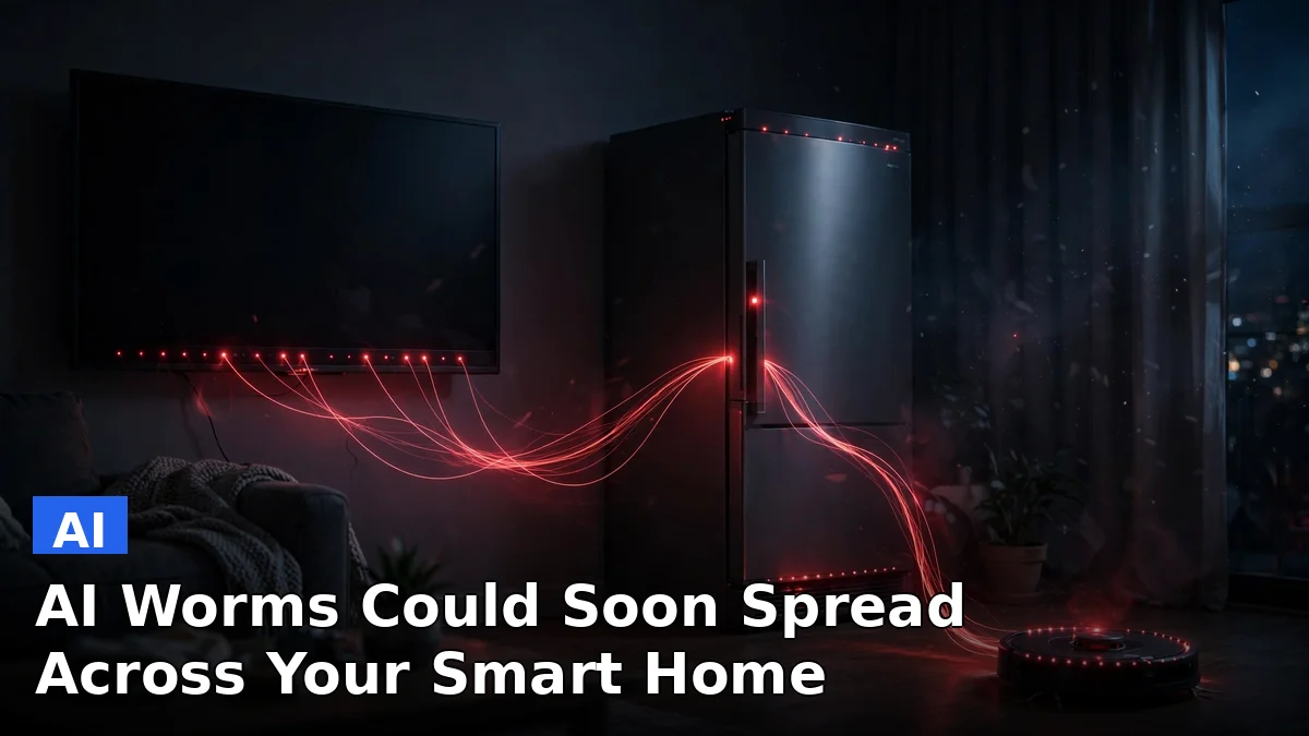 A smart TV and connected home devices with warning indicators representing Anthropic's AI worm research