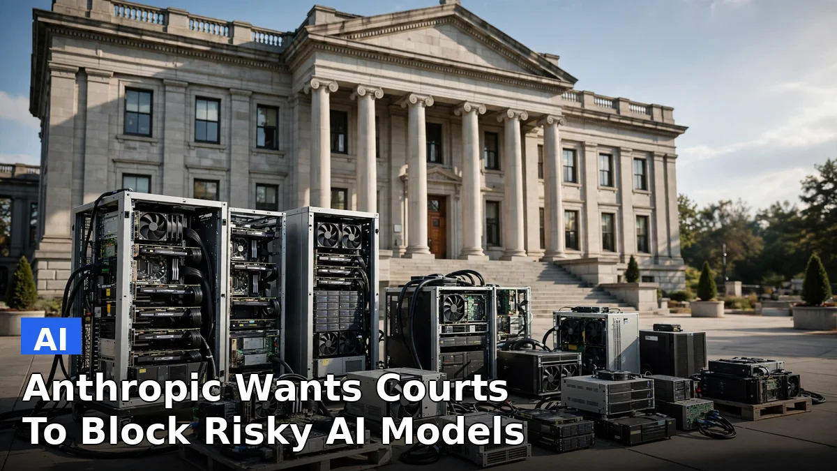 Illustration of a courthouse and AI computer systems, representing Anthropic's proposal for court orders on risky AI models