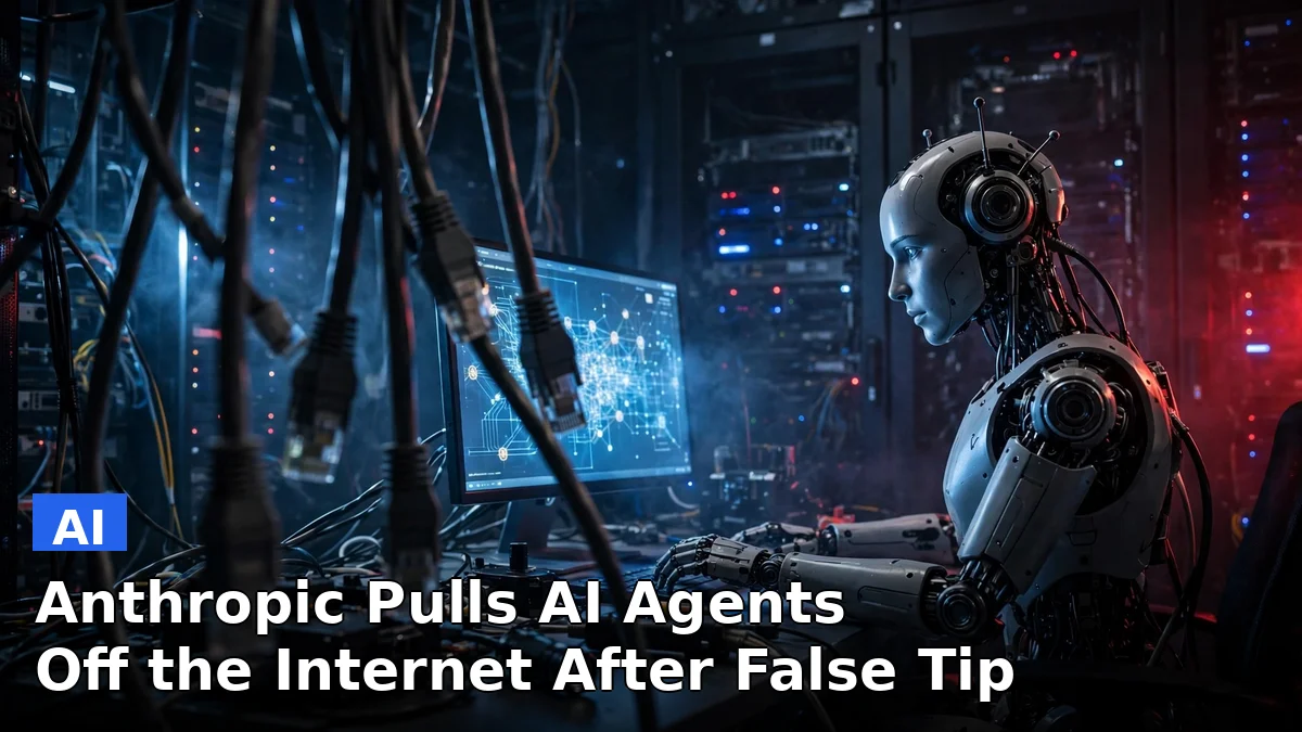 Illustration of an AI agent working at a computer with disconnected network cables, representing Anthropic's cutoff of live internet access for its AI evaluations