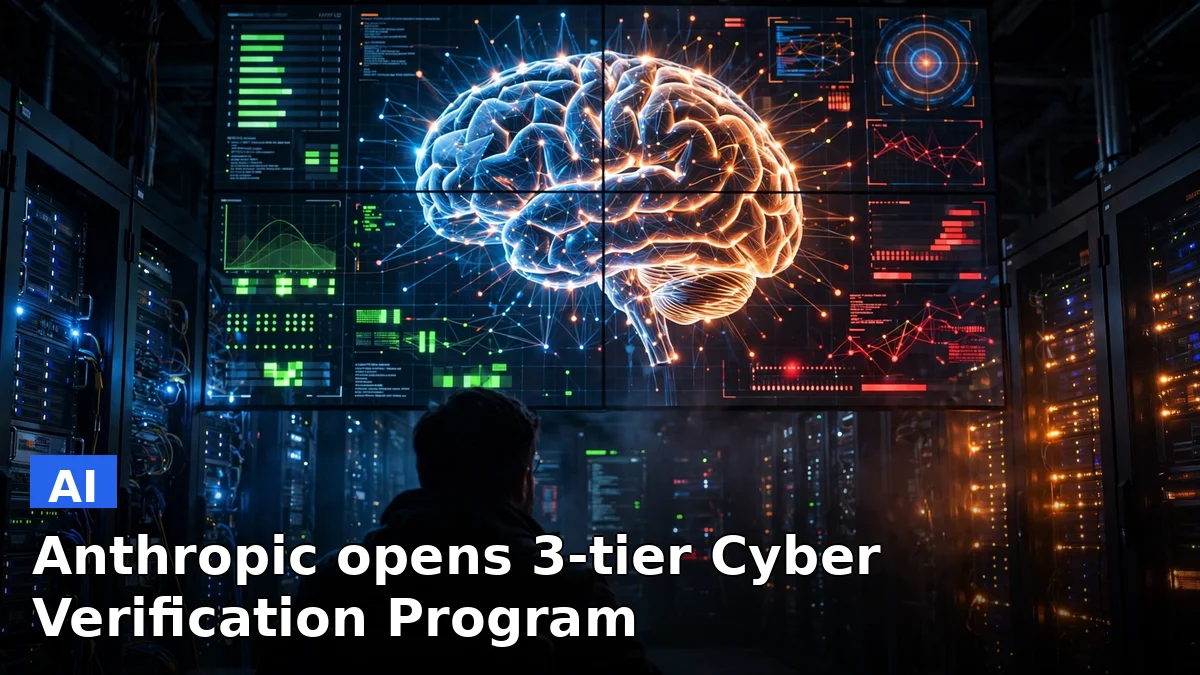 Illustration of a cybersecurity operations center with an AI model interface scanning code for vulnerabilities
