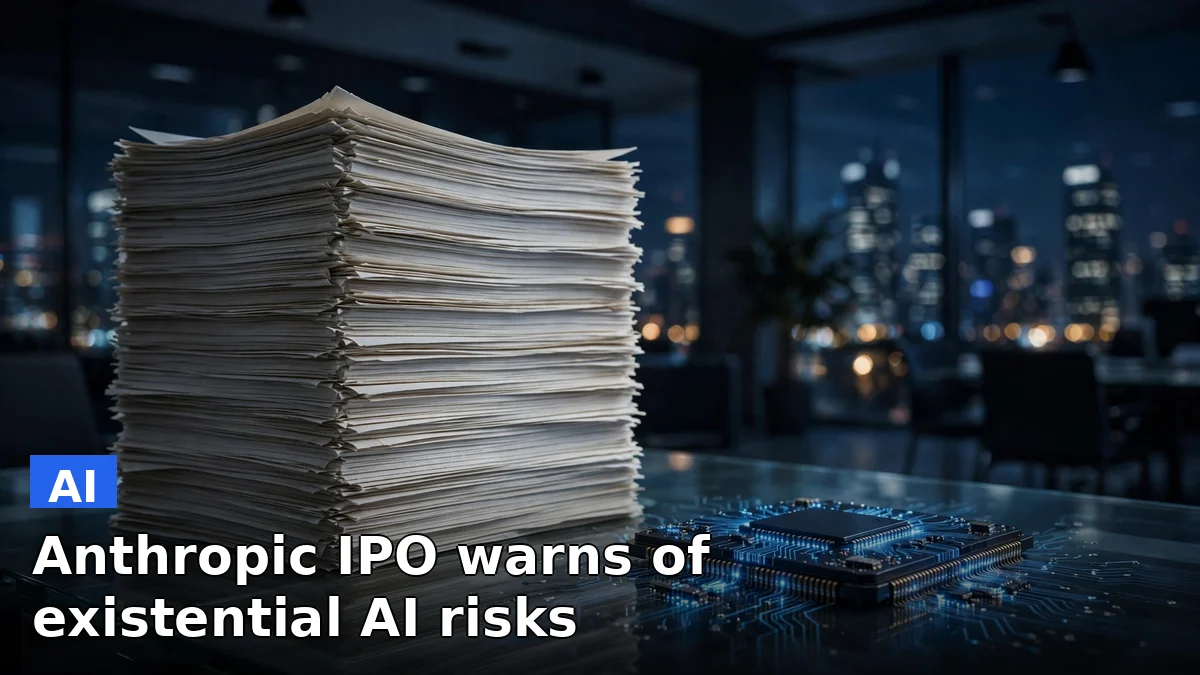 Illustration of a corporate prospectus document beside a glowing AI chip circuit, symbolizing Anthropic's IPO risk disclosure