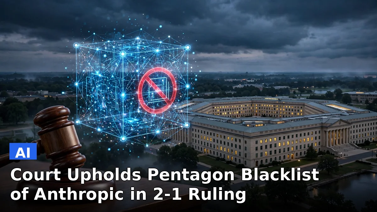 Illustration of the Pentagon beside a courtroom gavel with a blocked AI assistant icon representing Anthropic's Claude