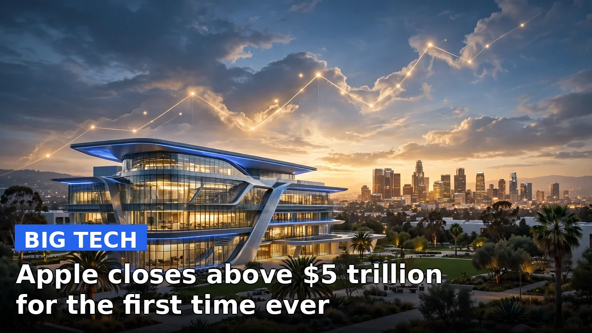 Apple's glass campus glowing at dusk with a golden city skyline, illustrating Apple's first-ever close above a $5 trillion market value