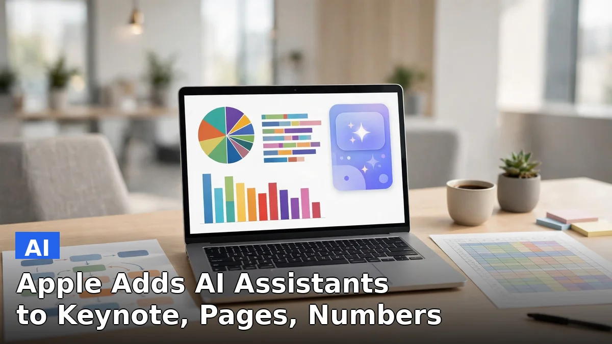 A MacBook screen showing a Keynote presentation beside an AI assistant panel, with Pages and Numbers app icons nearby
