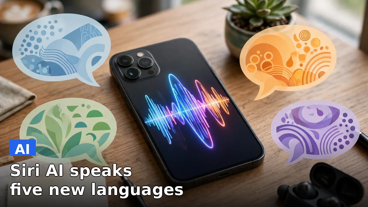 Illustration of an iPhone showing a voice assistant interface, representing Apple expanding Siri AI to five new languages in iOS 27.2