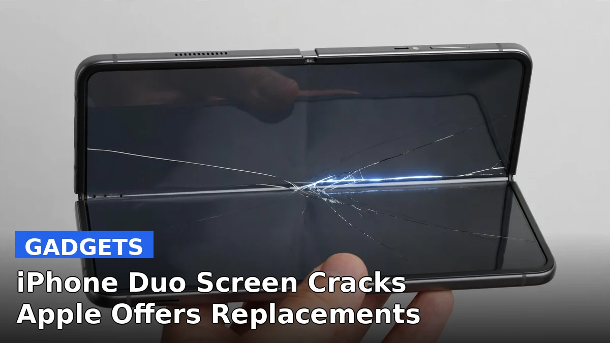 Apple iPhone Duo foldable phone partly open showing its inner display, after Apple offered replacements for units with screen cracks
