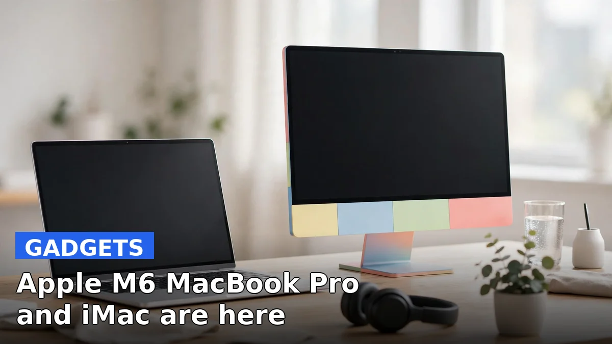 Illustration of a laptop and an all-in-one desktop computer representing Apple's new M6 MacBook Pro and M6 iMac