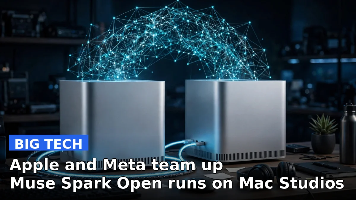 Two Apple Mac Studio computers on a developer's desk with an abstract neural-network glow, illustrating Meta's Muse Spark Open AI model running locally on Apple hardware