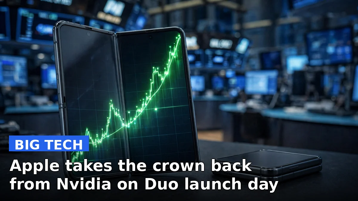 Foldable smartphone showing a rising green stock chart on a trading floor desk, illustrating Apple's market value race with Nvidia