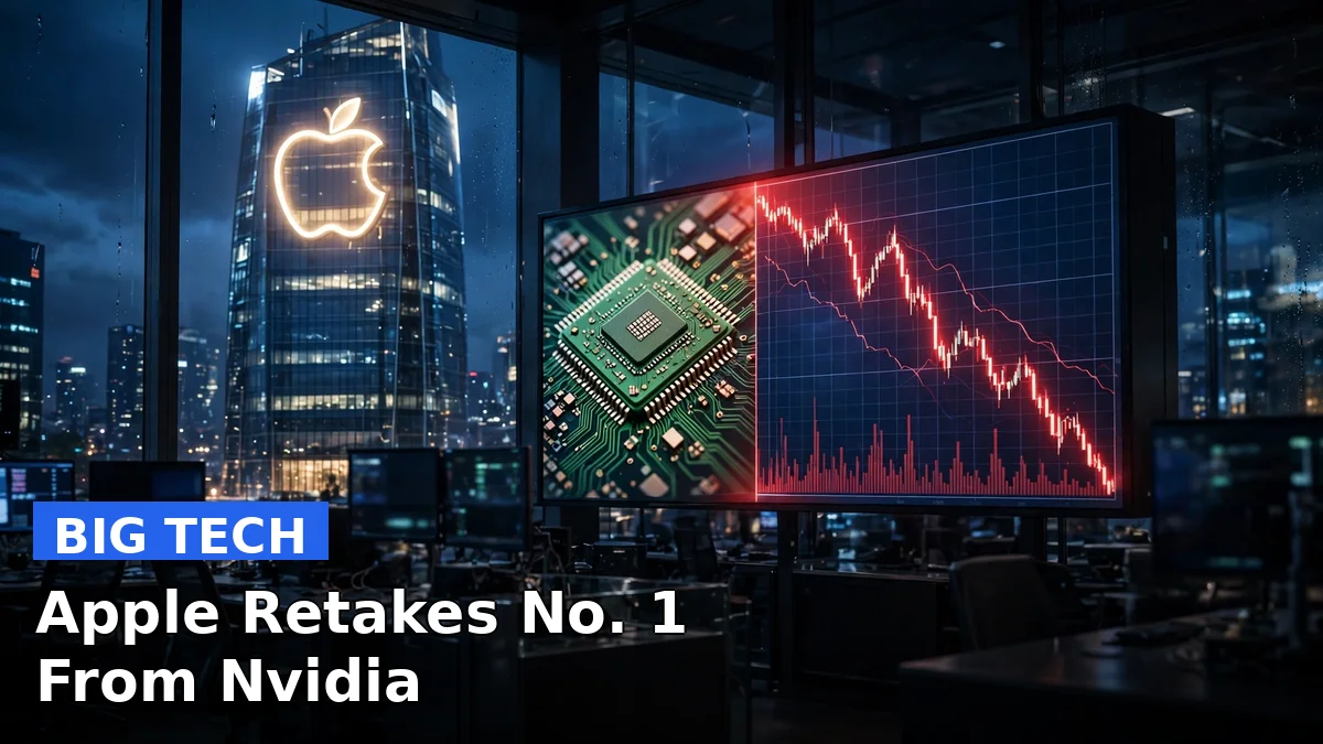 An Apple logo beside a falling stock chart, illustrating Apple retaking the world's most valuable company title from Nvidia