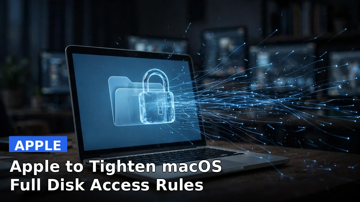 A MacBook with a glowing padlock over a folder of files, illustrating Apple's new macOS Full Disk Access privacy controls