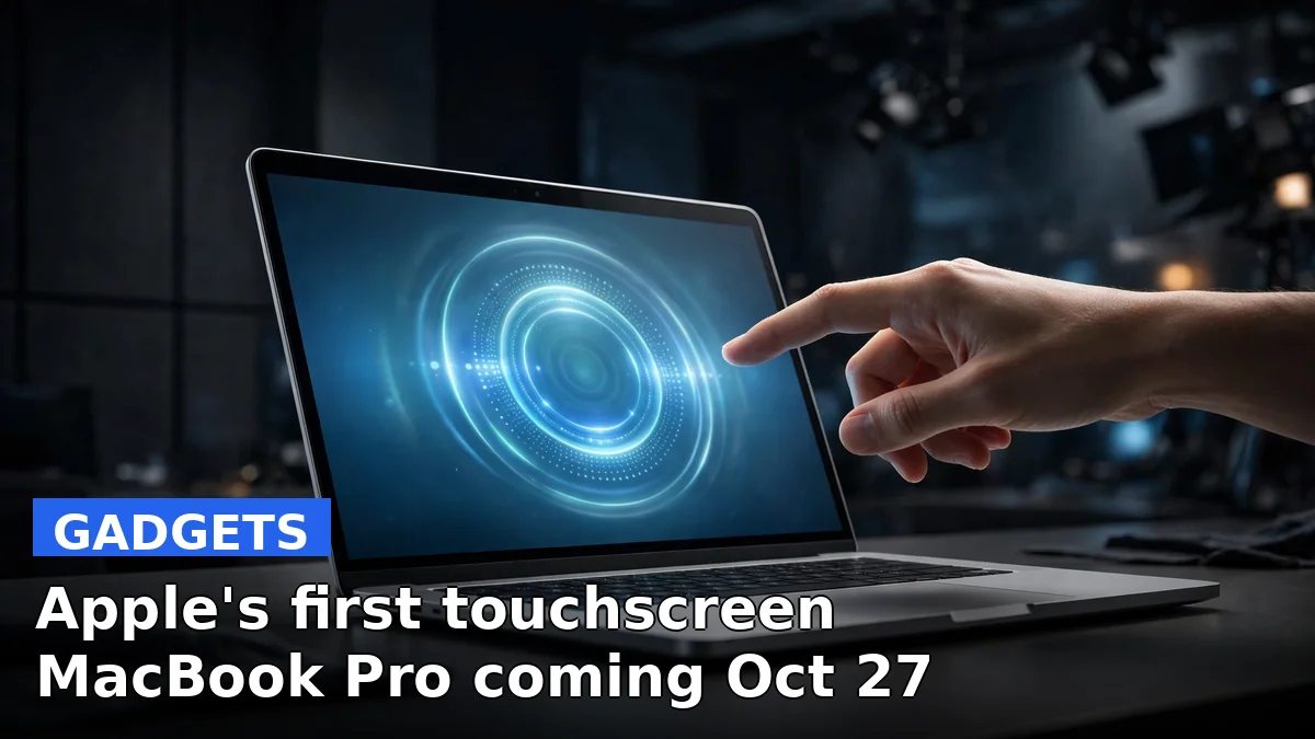 Illustration of a laptop with a glowing touchscreen and a tablet with an OLED display, representing Apple's rumored October 27 hardware launch