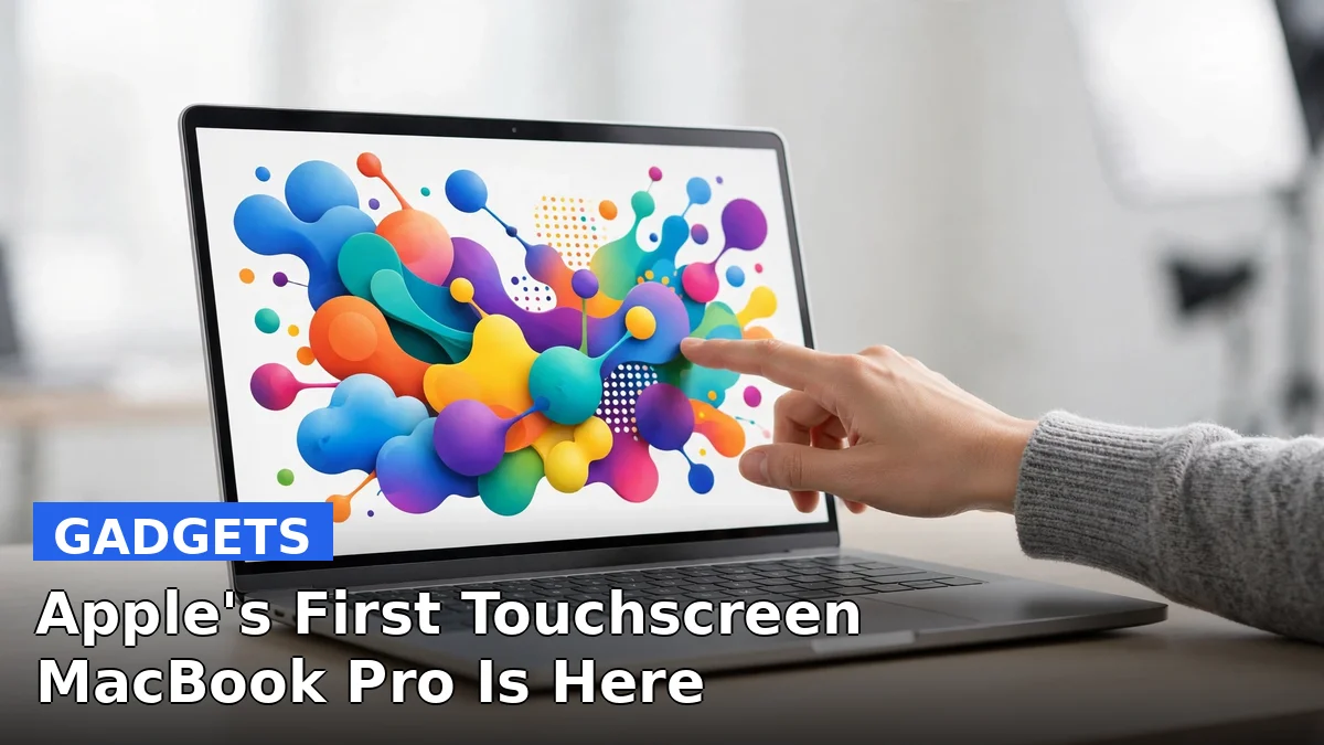 A MacBook Pro laptop with a bright touchscreen display showing colorful content on a desk