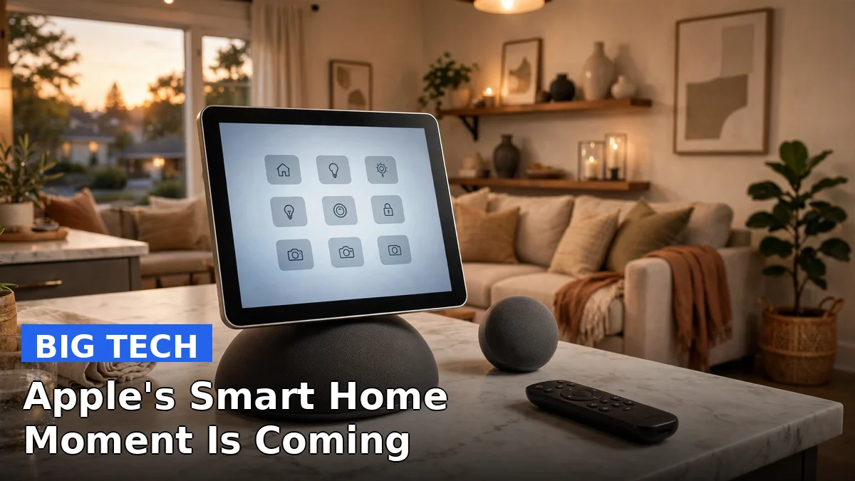 Concept-style illustration of Apple's rumored smart home hub with a square display on a speaker base, beside a HomePod mini and an Apple TV remote