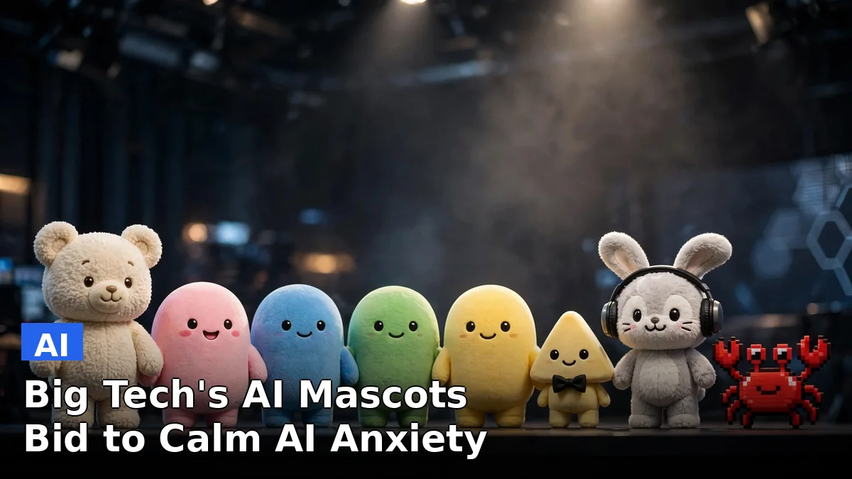 A line of cute cartoon mascots in pink, blue, green, yellow and purple representing Meta's Jolly and OpenAI's Dots AI agents