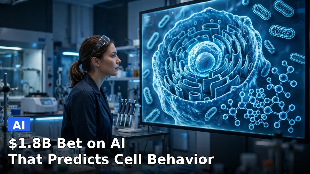 A researcher studies glowing human cell models on a lab screen, illustrating the Virtual Biology Initiative's AI-driven drug discovery effort