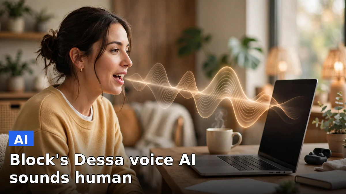 A person talking to a laptop running Block's Dessa voice AI, a speech model trained only on human conversation