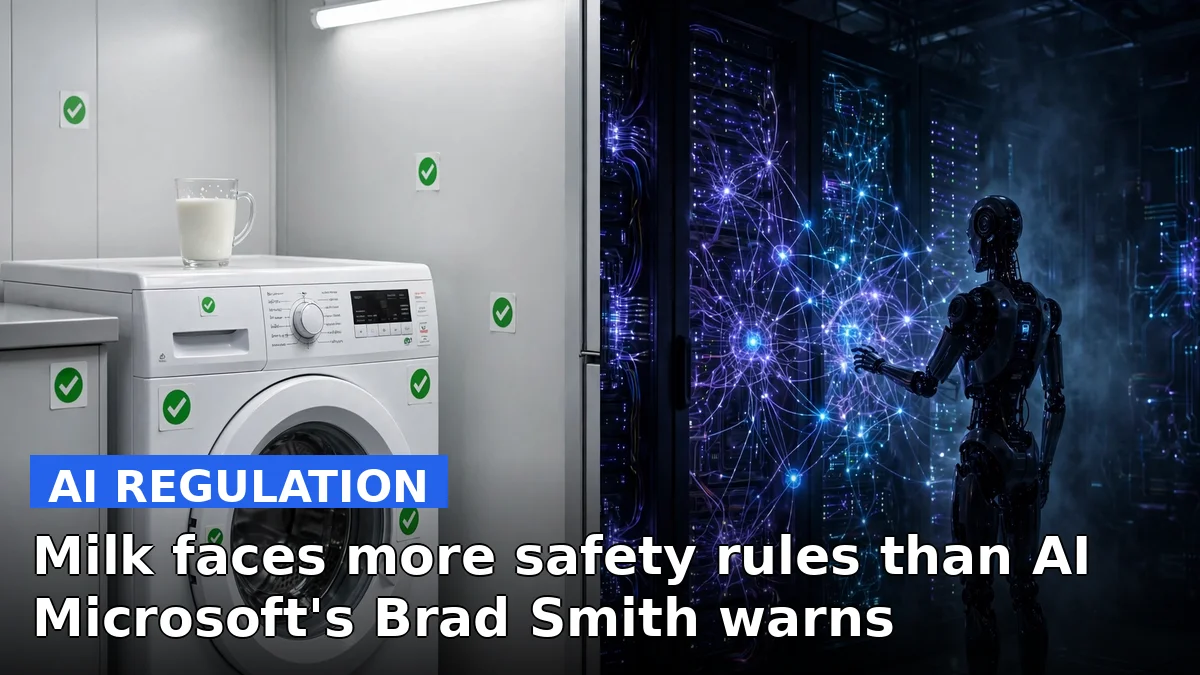Microsoft president Brad Smith speaking at a conference, with a news-style banner graphic