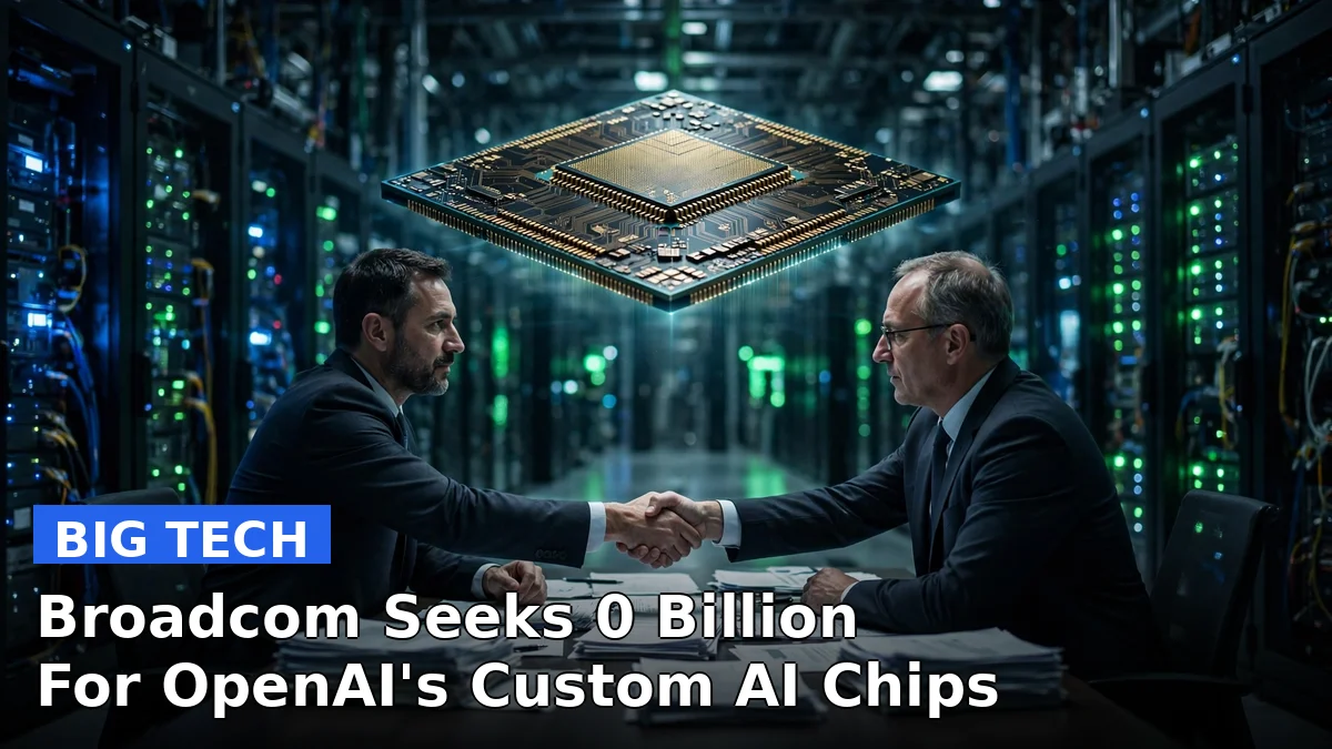 Broadcom and OpenAI logos over a circuit-board pattern, illustrating reported $50 billion chip financing talks