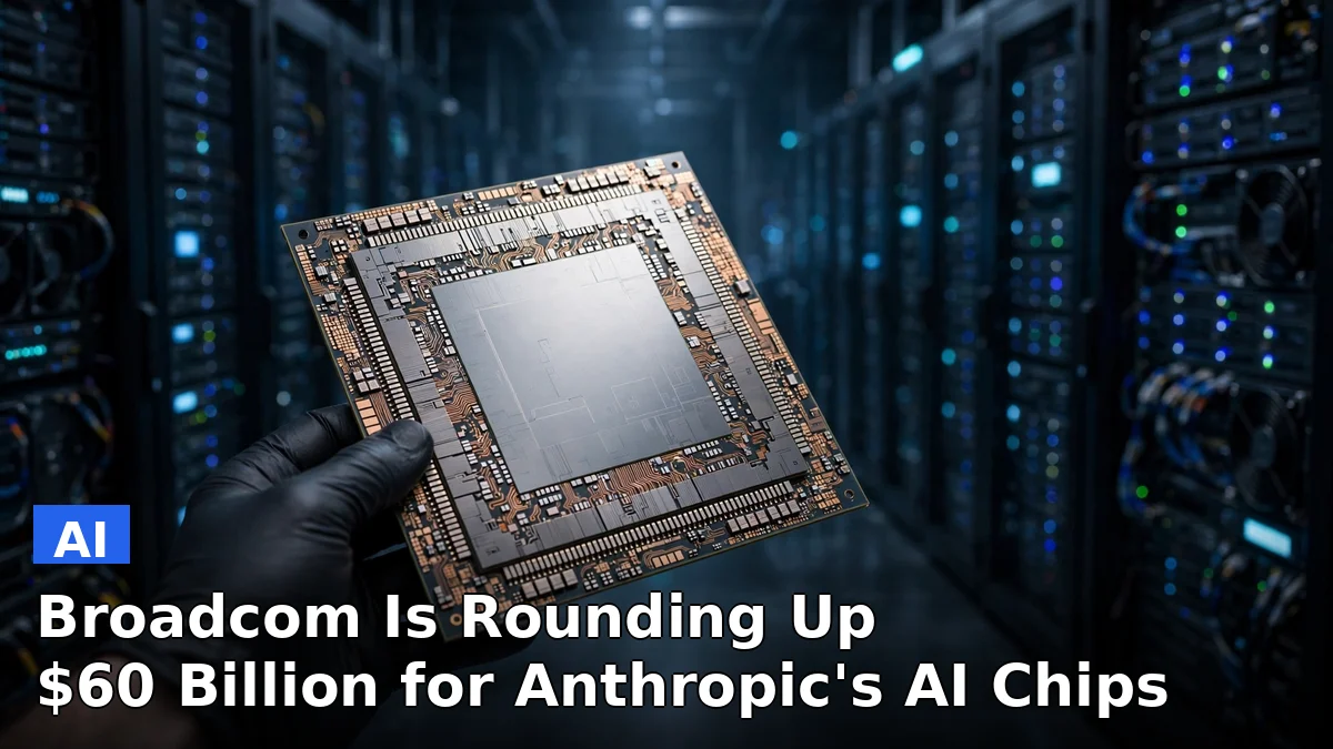 A row of glowing AI server racks in a dark data center with a silicon chip in the foreground, illustrating the $60 billion Broadcom-Anthropic chip financing
