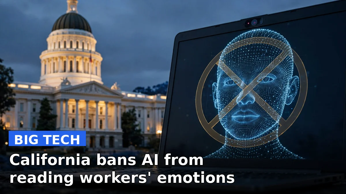 California state capitol dome beside a laptop camera lens with a banned AI face-scan overlay