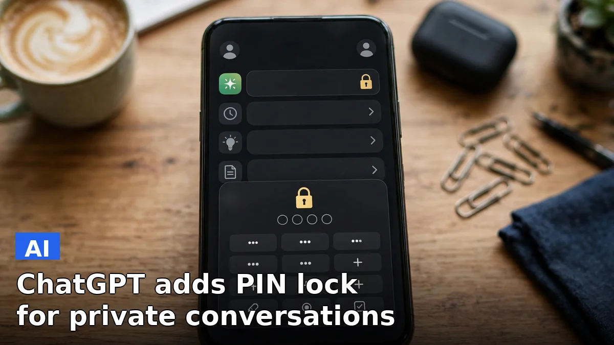 A smartphone showing a ChatGPT chat list with one locked conversation requiring a four-digit PIN to open