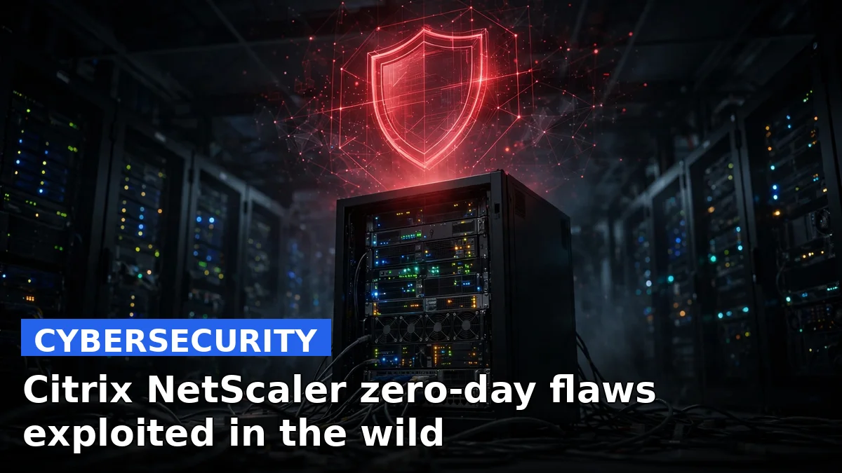 Network server rack with a glowing red warning overlay representing a critical Citrix NetScaler security vulnerability