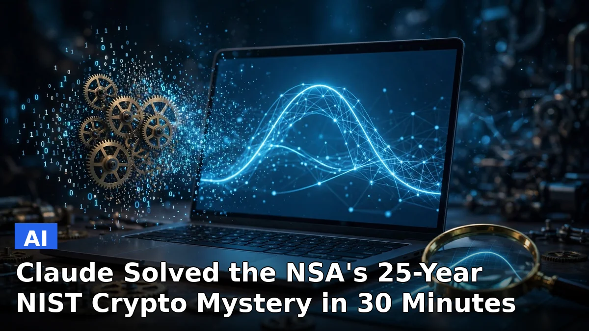 A glowing cryptographic key and elliptic curve diagram on a dark screen, representing Claude solving the NIST crypto mystery
