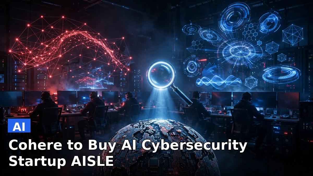 A security operations center screen glowing red and blue over a dark server room, representing Cohere's planned acquisition of AI cybersecurity startup AISLE