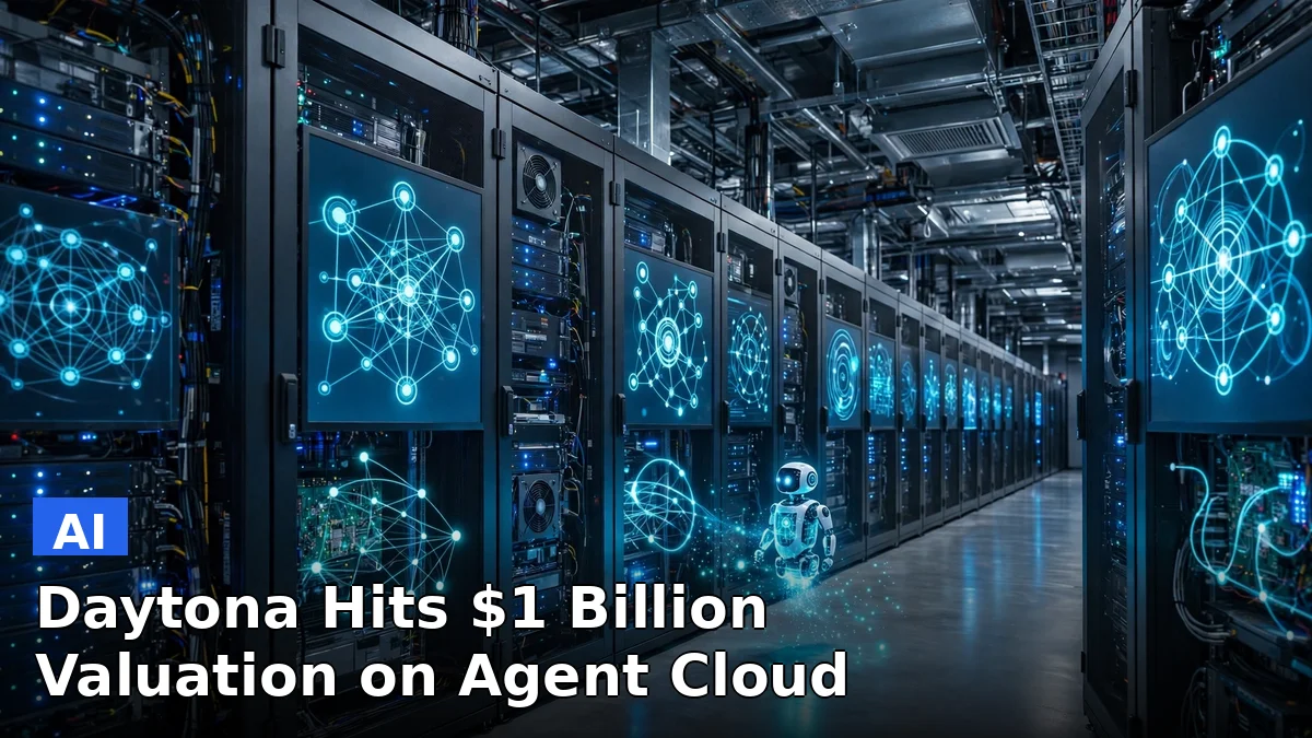 A row of server racks with glowing screens showing autonomous AI agent workflows in a data center