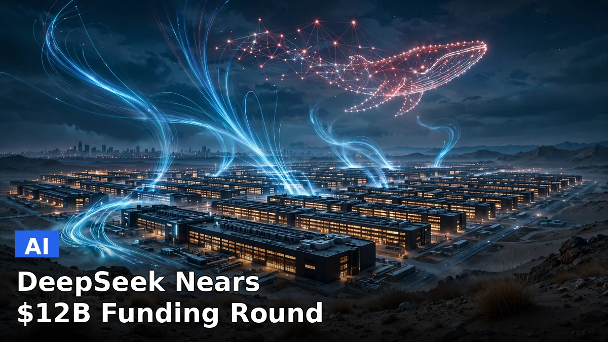 Stylized illustration of DeepSeek's logo on a glowing digital network, representing the Chinese AI startup's funding round