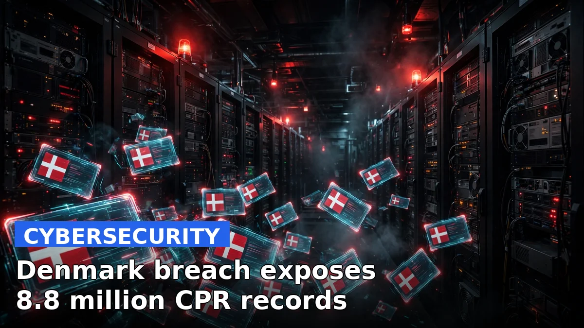 A darkened server room with glowing red warning lights illustrating the Denmark data breach at the national CPR population registry