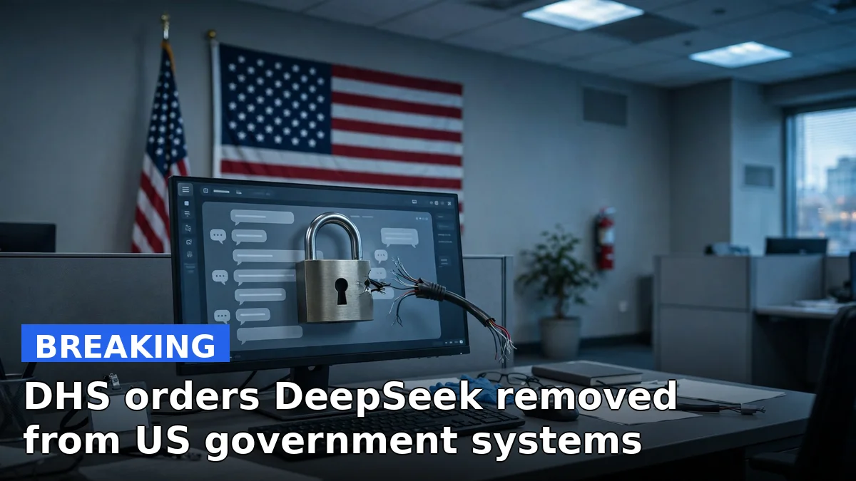 Illustration of a federal government building with digital code streams being cut off, representing the DeepSeek ban on US agency systems