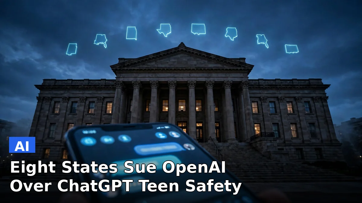 Illustration of a courthouse with eight state silhouettes and a chatbot icon, representing the eight-state lawsuit against OpenAI over ChatGPT safety