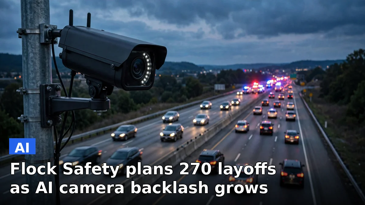 A license-plate reader camera mounted on a street pole, with patrol cars passing on a US highway