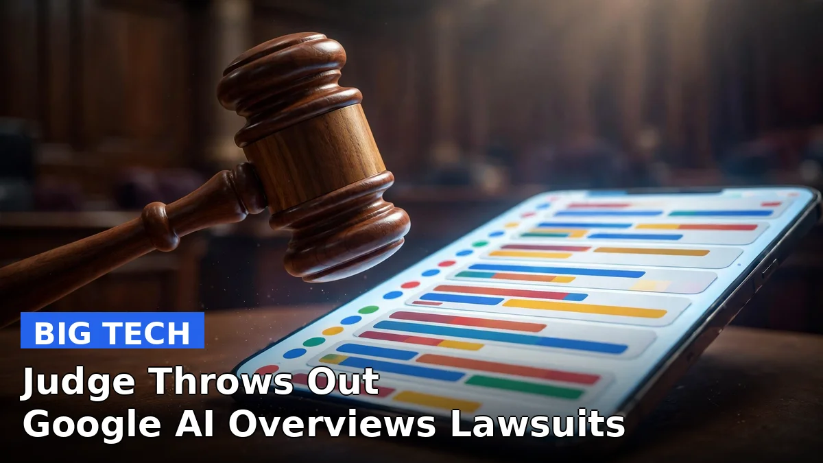 A gavel in front of Google's search logo, symbolizing the dismissed AI Overviews lawsuits